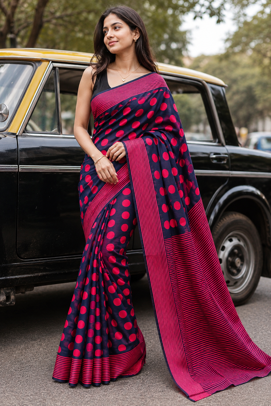 Fuchsia Rhythm – Navy Polka Dot