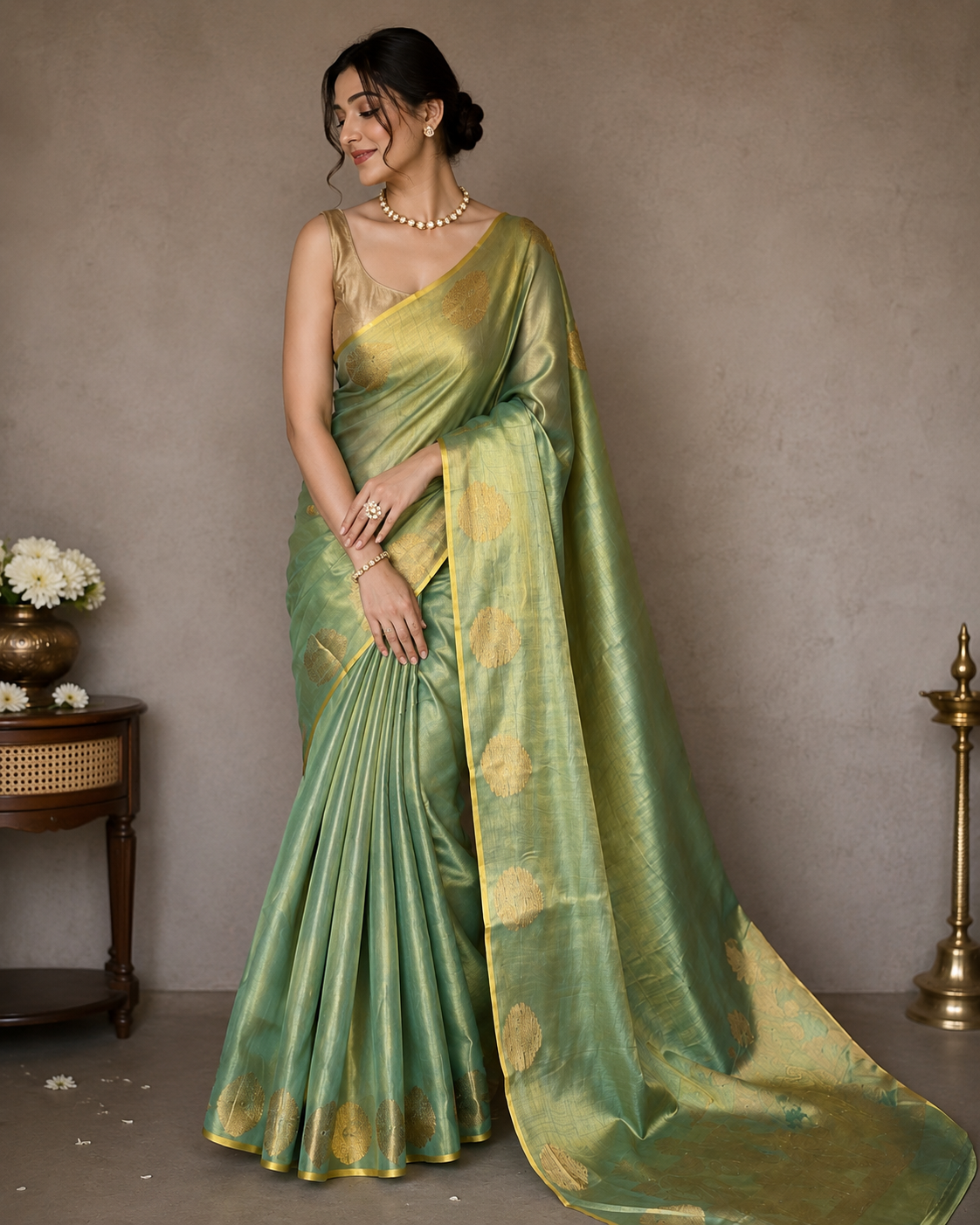 Sage Gold Tissue Silk